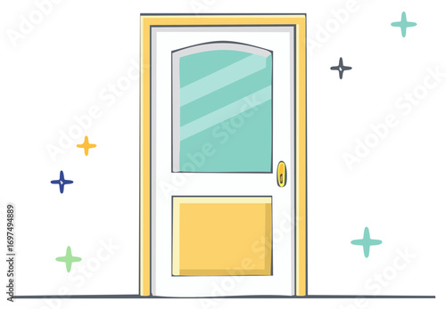 Whimsical cartoon illustration of a classic white door with a golden frame and a glass panel featuring sparkling effects.