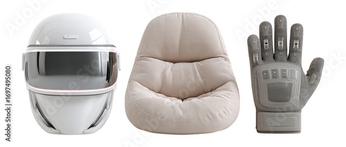 Futuristic Helmet, Stylish Chair, and High-Tech Glove Display