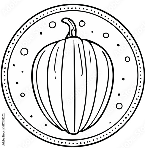 Stylized black and white outline drawing of a classic pumpkin encircled by a dotted border perfect for autumn season celebrations