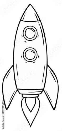 A simple black and white drawing of a rocket ship with fins and a flame coming from the bottom