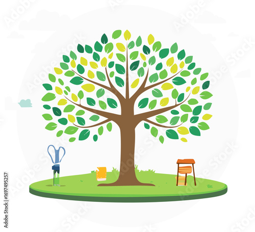 Isolated parkland with single mature tree, watering can, book and chair sitting in a flat stylized landscape