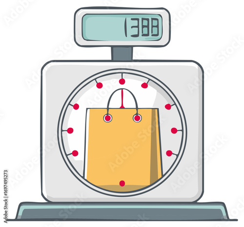 Shopping Bag on Scale Displaying Weight Measurement With Digital Readout