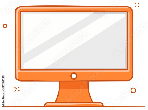 Orange cartoon computer monitor graphic with blank screen, illustration of tech device