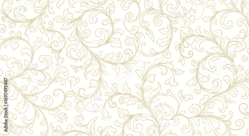 Elegant ornate floral swirl pattern with subtle gilded embellishments on a white background for decorative applications