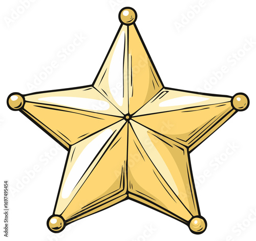 Single Golden Star Badge with Five Points and Circular Details Cartoon Style