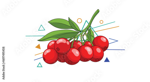 Vibrant red cherries with green leaves and abstract geometric shapes floating around the fruit cluster