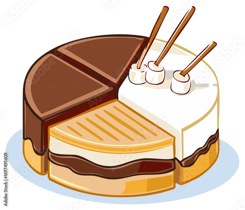 Delicious Layered Cake with Chocolate, Caramel, and Marshmallow Decoration Ready to Serve in Individual Slices