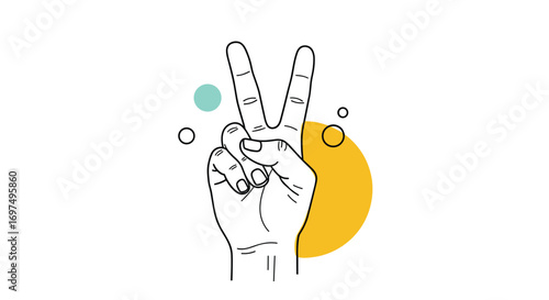 A hand gesture of victory or peace signaling two fingers upraised against a plain white background with abstract circles and dots