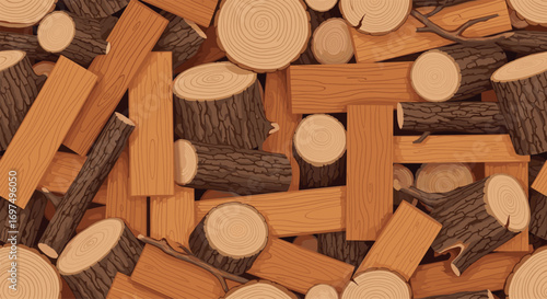 A close up view of various sized pieces of cut wood and logs piled together in a random arrangement