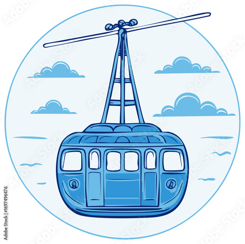 Aerial Tramway Car Surrounded by Clouds and Water Illustration in Blue Tones