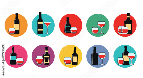 Collection of colorful circles featuring bottles and glasses of alcoholic beverages stylized graphic illustrations