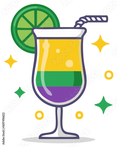Mardi Gras Cocktail with Lime Slice and Stars Celebration Fun