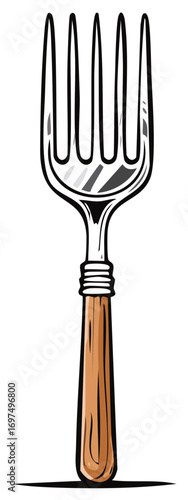Stylized five prong metal fork with wooden handle kitchen utensil illustration