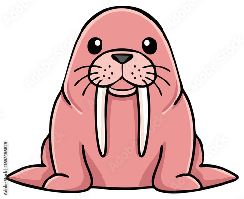 Cute pink cartoon walrus with tusks and whiskers sitting cheerfully facing forward