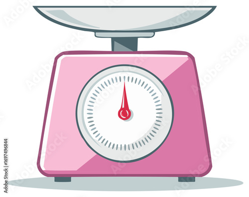 Retro pink analog kitchen scale with a silver tray for weighing food