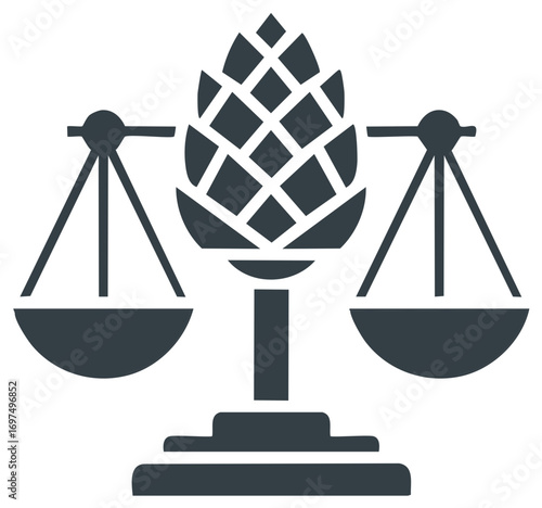 Stylized graphic icon of a balanced scale with a pinecone replacing the center element symbolizing justice
