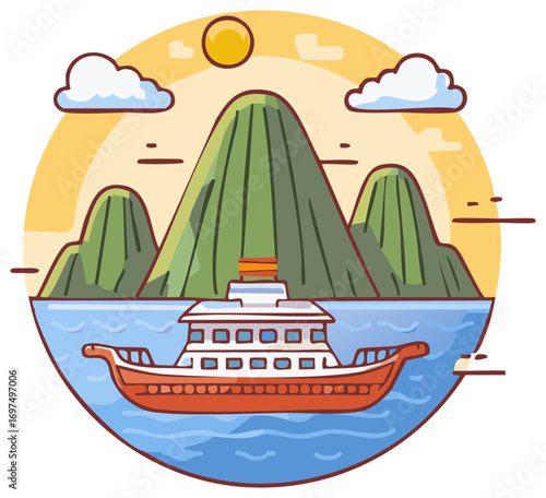 Stylized cruise ship sailing on sea with mountains and sun in cartoon style.