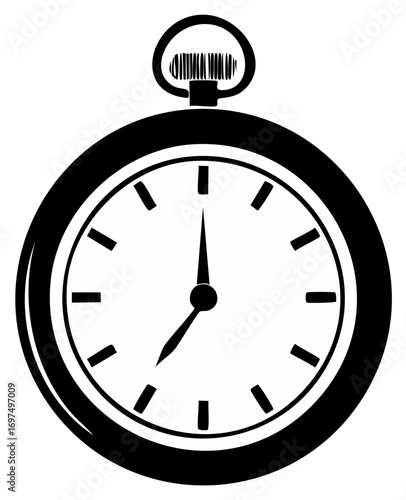 Illustration of a Black Pocket Watch Showing the Time Seven O'Clock on a White Background