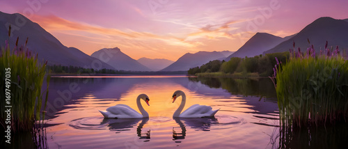 Fototapeta Naklejka Na Ścianę i Meble -  Romantic swans on calm lake with glowing sunset sky and mountain view, symbolizing love, peace, and harmony.