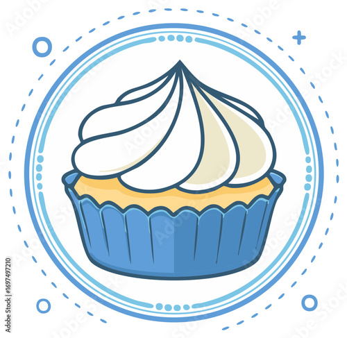 Stylized cupcake in blue wrapper with white frosting illustration on decorated circle border
