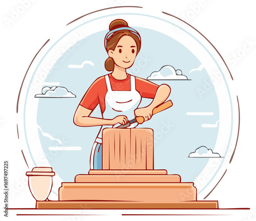 Woman carving a sculpture with a chisel and mallet in a cartoon style.