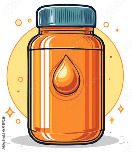 Orange liquid supplement bottle with a drop icon and decorative elements