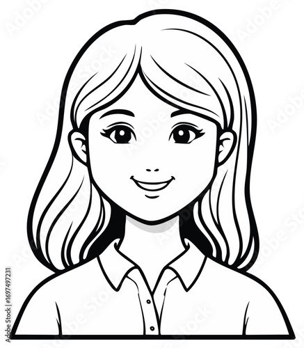 Smiling Woman with Wavy Hair and Collared Shirt Line Art Illustration