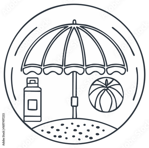 Summer beach holiday illustration with parasol sunscreen and beach ball on sand