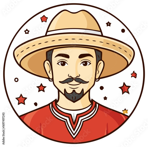Cartoon man wearing a sombrero and red shirt with stars and circles surrounding him