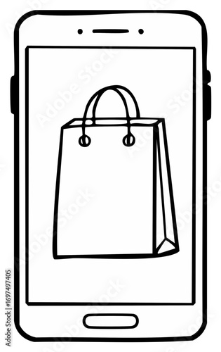 Smartphone screen displaying shopping bag for online shopping purchase and digital retail concept
