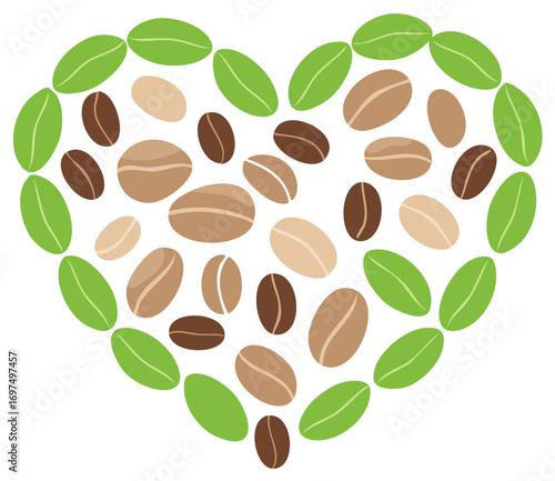 Heart Shape Made of Green and Brown Coffee Beans Artistic Design Concept