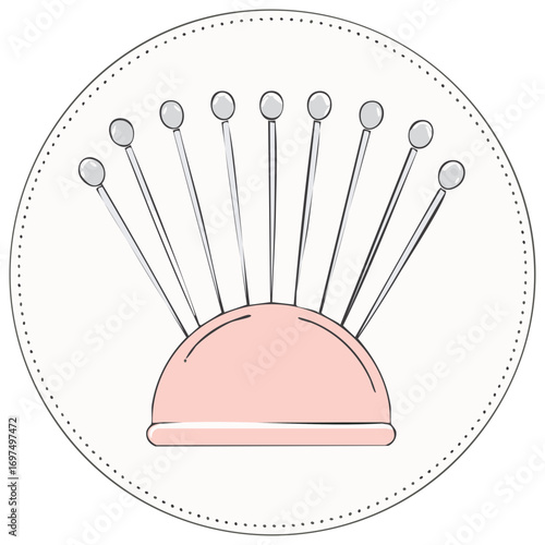 Pink pincushion with silver pins, sewing accessories in the round frame, hand drawn style