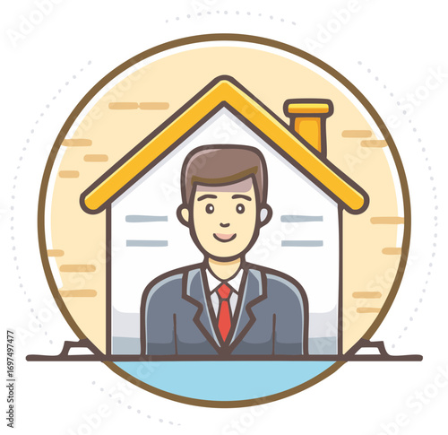 Friendly smiling businessman inside a stylized house representing home office or remote work concept