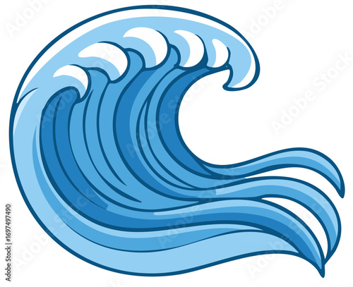 Stylized Blue Ocean Wave with White Foam Crest and Flowing Water