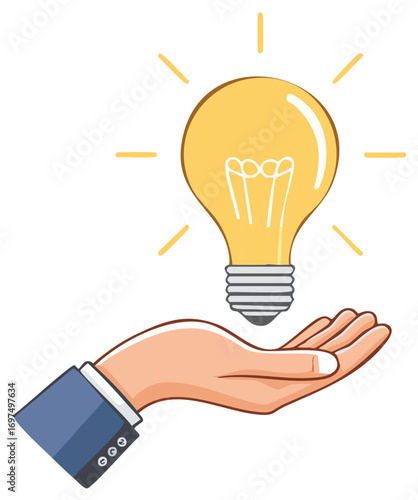 Business hand presenting a shining lightbulb illustrating creative thought and innovation