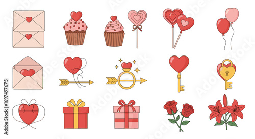 A collection of pixel art valentines day icons featuring hearts balloons gifts and flowers for romantic celebrations