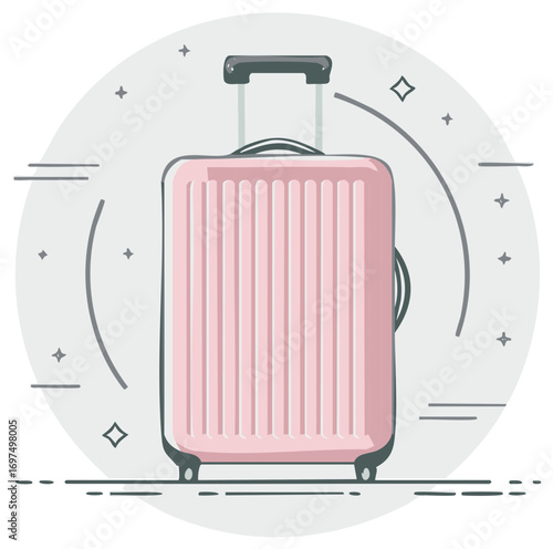 Modern pink travel suitcase with wheels, vector illustration for vacation and tourism