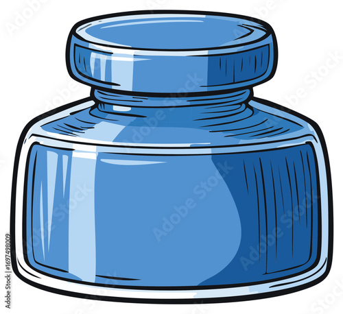 Illustration of Blue Inkwell, Ink Bottle, Glass Container with Stopper, Writing Tool