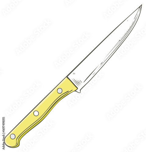 Sharp kitchen knife with a yellow handle in a hand drawn vector illustration style