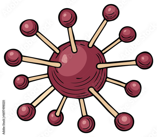 Illustration of a stylized virus particle with spikes and spherical elements