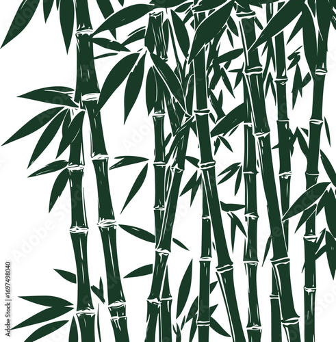 Tall bamboo stalks with leaves, strong bold line art style on white background 1