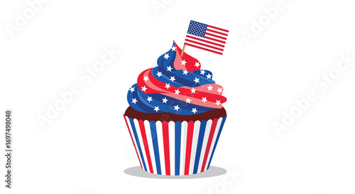 Celebratory patriotic cupcake decorated with american flag and red white blue swirl frosting