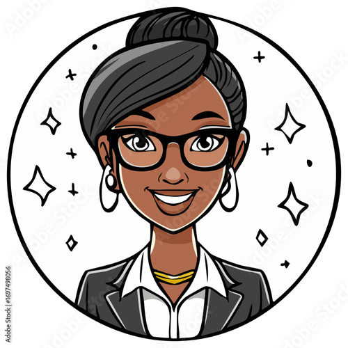 Confident Black businesswoman with glasses and hair bun. Professional woman cartoon portrait icon.