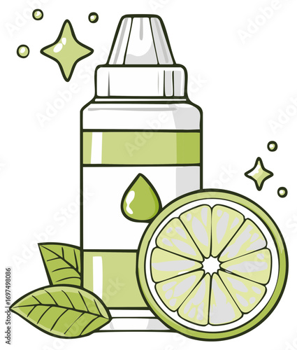 A bottle with lime flavoring for vaping. A flavoring bottle.