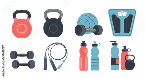 Illustrations of exercise equipment and fitness tools for a healthy lifestyle promotion