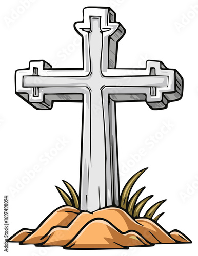 Cartoon Stone Cross Grave Marker Religious Memorial Illustration