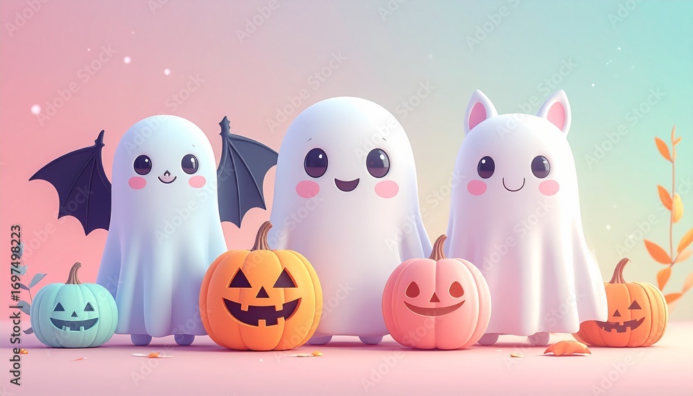 Obraz premium Generated image かわいいおばけとコウモリとかぼちゃのイラスト 楽しいハロウィン
