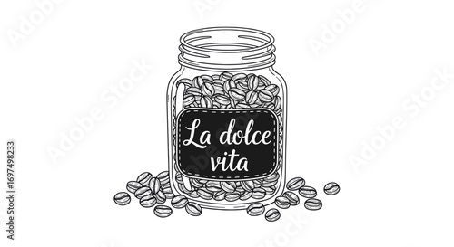 Black and white line drawing of a glass jar filled with coffee beans, featuring a label with 'La dolce vita' text and scattered beans.