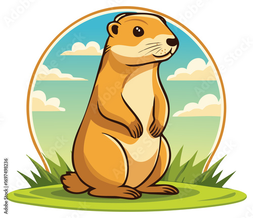 Friendly animated groundhog or prairie dog standing tall on green grass with cloudy sky.