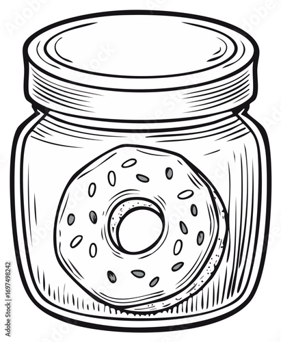 Artistic sketch of a bagel in a glass jar with sprinkles
